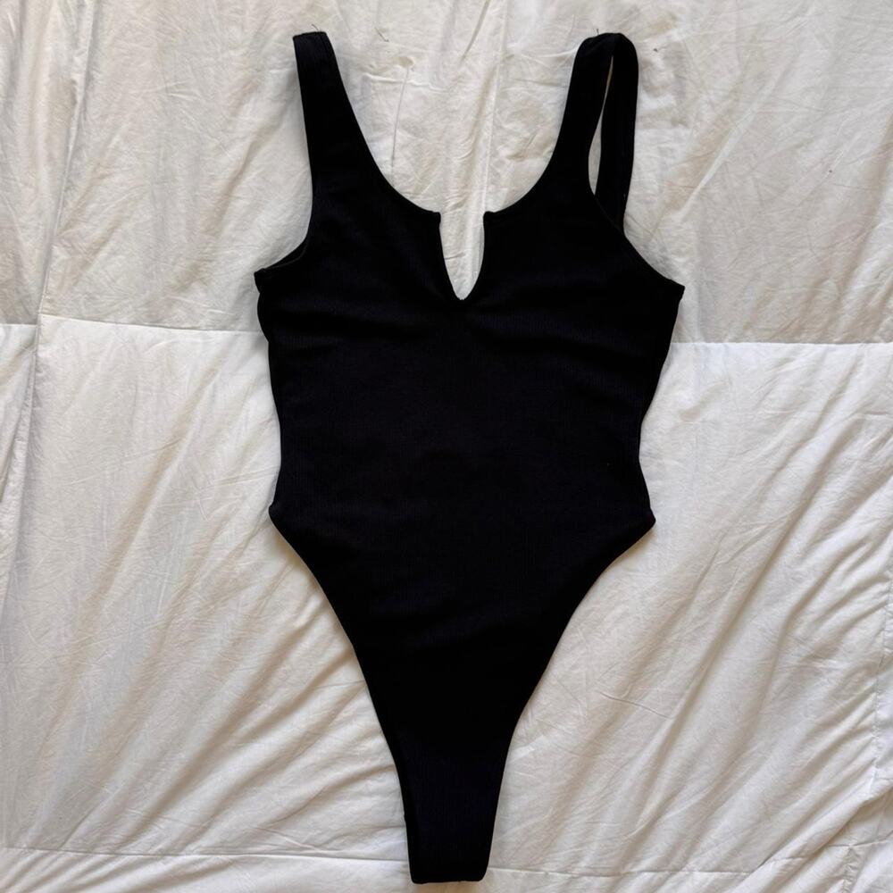 nasty gal Black one piece swimsuit sz 10 high leg scoop neck minamalist goth‎